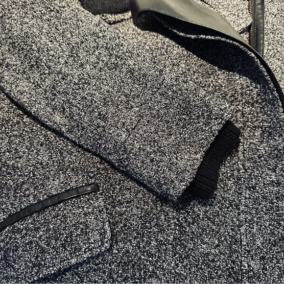 VINCE Black White Tweed Shawl Collar Asymmetric Zip Coat Ribbed Leather Size S - Picture 11 of 15